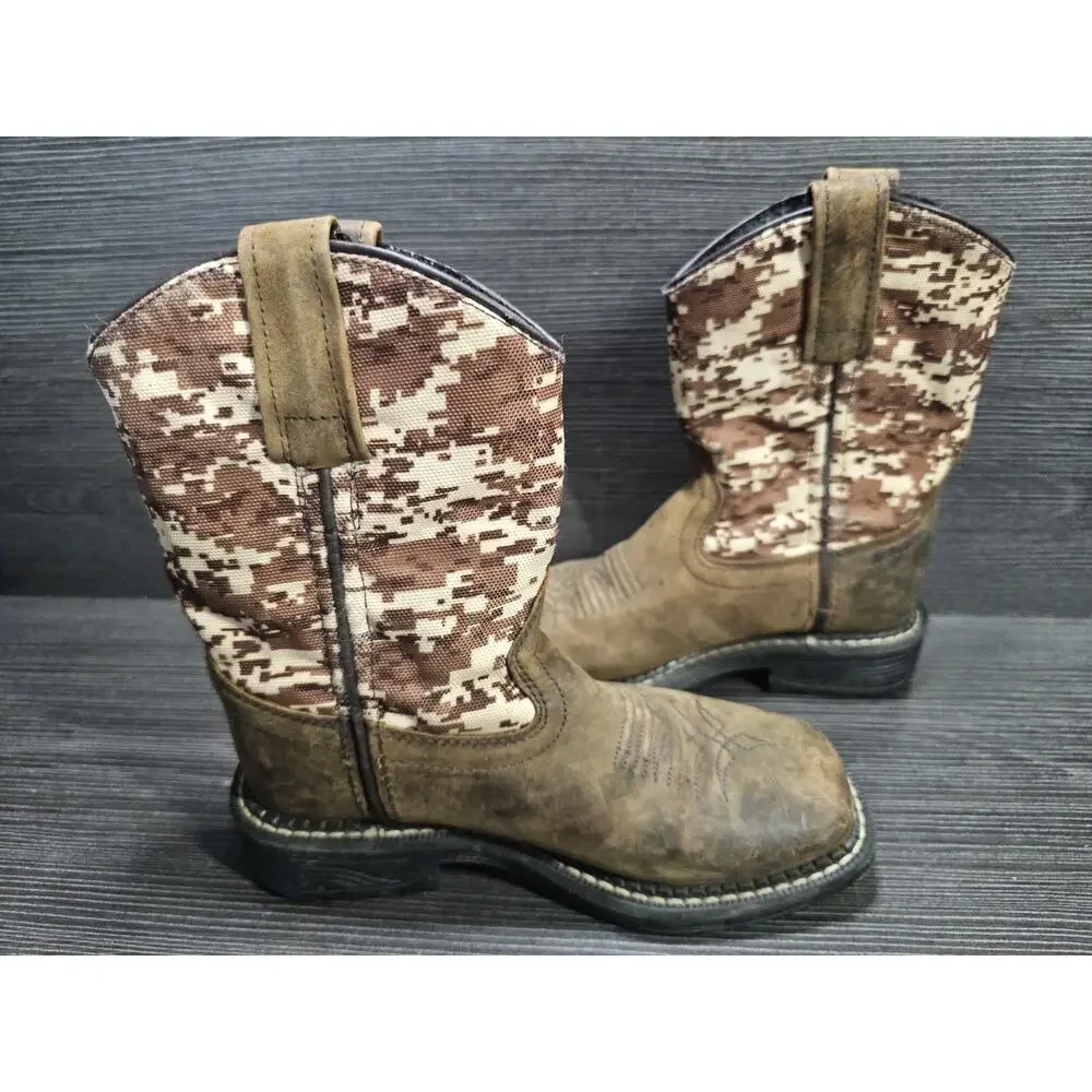 Old West Kids Cowboy Boots Brown Camo Leather Square Toe Size 11 D